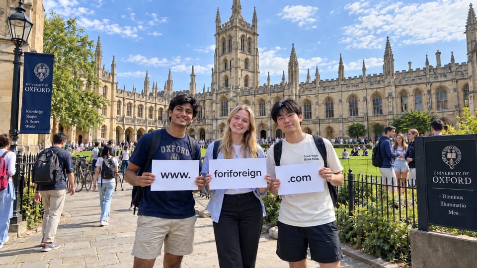 Three students outside the University of Oxford holding signs that read www.foriforeign.com