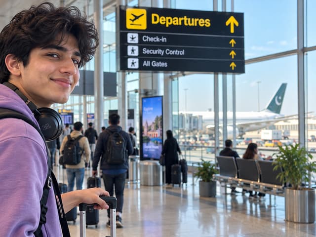 A student with a suitcase at an airport